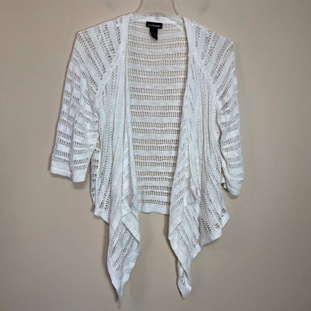 Lane Bryant White Linen Cotton Open Front Pointelle Cardigan Plus Size 18/20